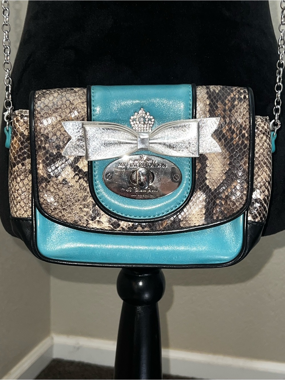 My Flat in London Teal & Snake Print Crossbody Bag with Silver Bow